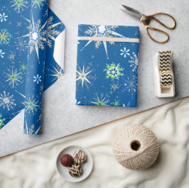 Mid-Century Snowflakes Galore On Blue Geschenkpapier