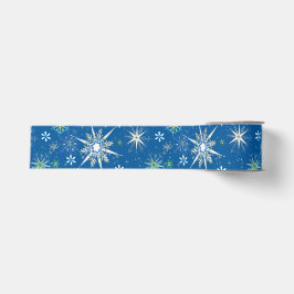 Mid-Century Snowflakes Galore On Blue Ripsband