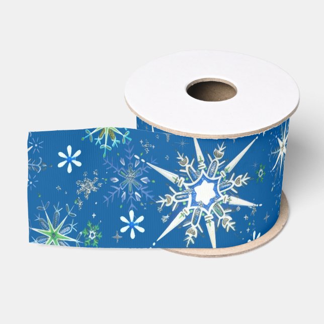 Mid-Century Snowflakes Galore On Blue Ripsband (Spule)