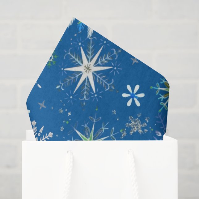 Mid-Century Snowflakes Galore On Blue Seidenpapier (Geschenktüte)