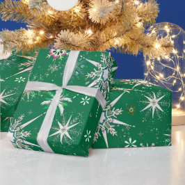 Mid-Century Snowflakes Galore On Green Geschenkpapier