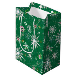 Mid-Century Snowflakes Galore On Green Mittlere Geschenktüte