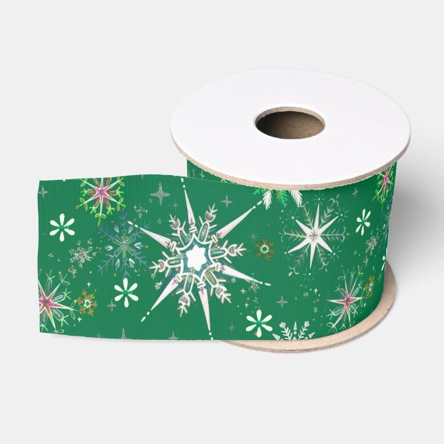 Mid-Century Snowflakes Galore On Green Ripsband (Spule)