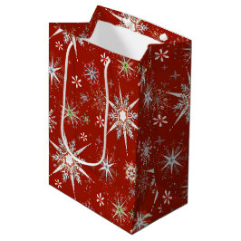 Mid-Century Snowflakes Galore On Red Mittlere Geschenktüte