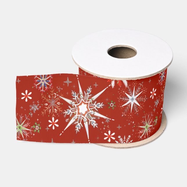 Mid-Century Snowflakes Galore On Red Ripsband (Spule)
