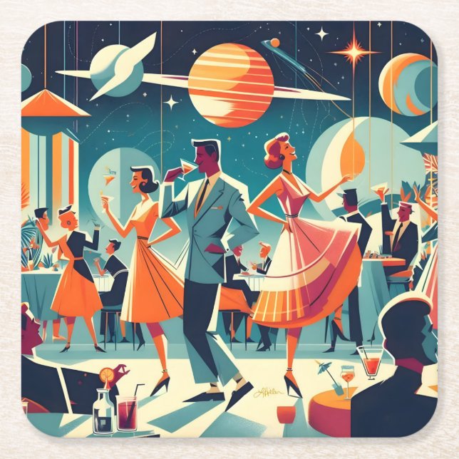 Mid Century Space Age Cocktail Party Rechteckiger Pappuntersetzer (Vorderseite)