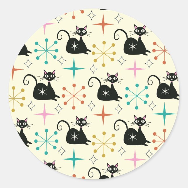Mid Century Starbursts with Black Atomic Cat  Runder Aufkleber (Vorderseite)