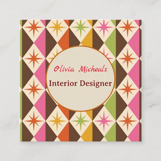 Mid Century Stars auf Harlequin Diamonds Custom Quadratische Visitenkarte (Vorderseite)