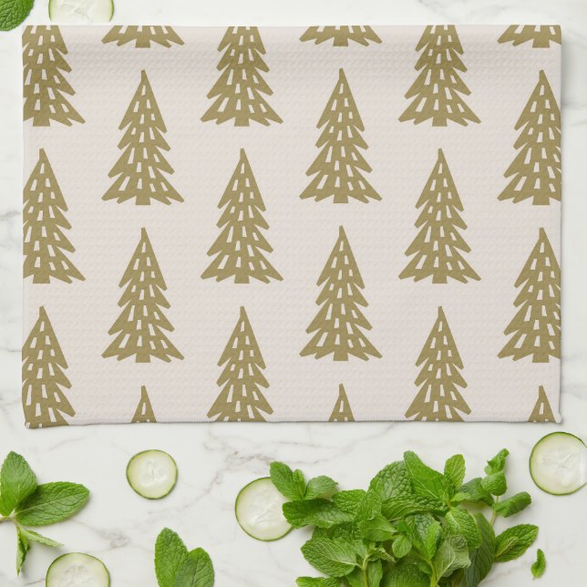 Mid Century Urlaubsmuster Tree Muster Gold Geschirrtuch (Gefaltet)