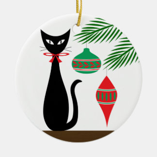 Mid Century Weihnachtskatze mit Ornamenten Keramik Ornament
