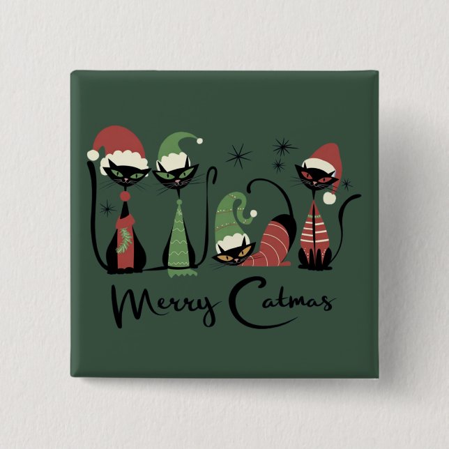 Mid Century Weihnachtskatzen im Atomic-Stil der 50 Button (Vorderseite)