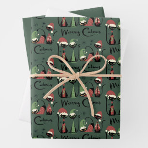 Mid Century Weihnachtskatzen im Atomic-Stil der 50 Geschenkpapier Set