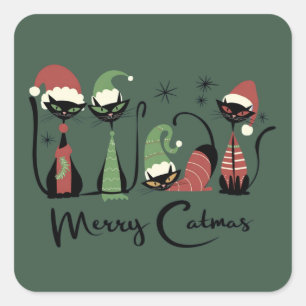 Mid Century Weihnachtskatzen im Atomic Stil der 50 Quadratischer Aufkleber