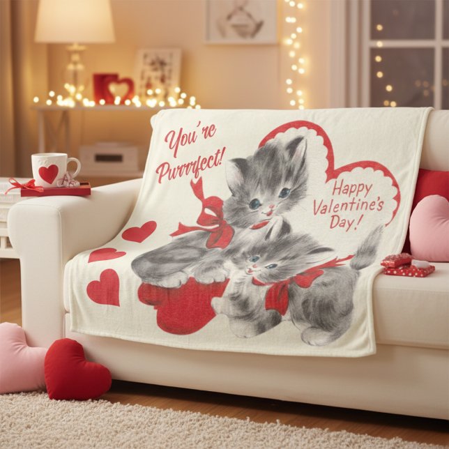Mid Century You're Purrrfect Valentine Day Kittens Fleecedecke (Mid Century You're Purrrfect Valentine Day Kittens Fleece Blanket)