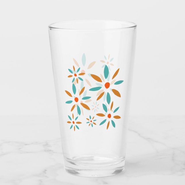 Mid Mod Turquoise Blue And Orange Abstract Flowers Glas (Vorderseite)