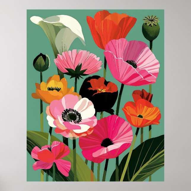 Midcentury-Modern-Mohn-Blumen-Wandkunst Poster (Vorne)