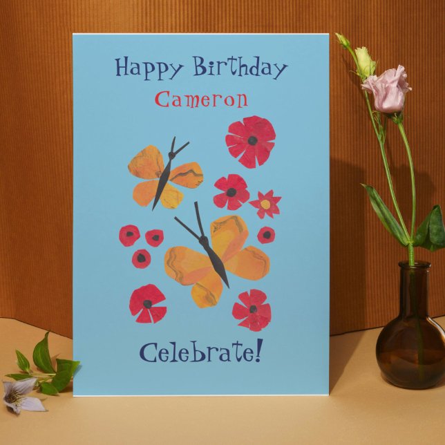 MidCentury Modern Orange Butterfly Niedliche Gebur Karte (This pretty sky blue birthday card features my own artwork of orange butterflies and red poppies.)