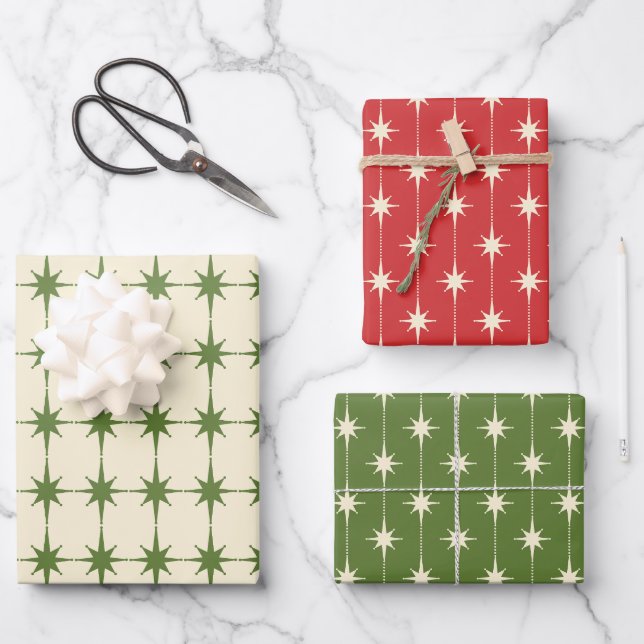 Midcentury Modern Retro Christmas Starbursts Geschenkpapier Set (Vorderseite)