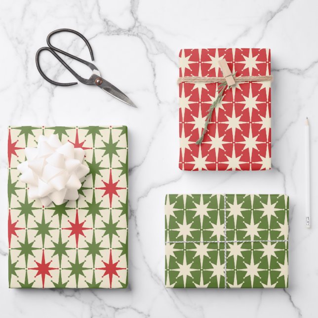 Midcentury Modern Retro Christmas Starbursts Geschenkpapier Set (Vorderseite)