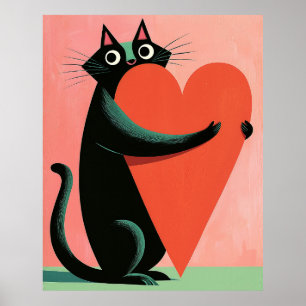 Midcentury Schwarze Katzenherz-Korallen-Wandkunst Poster