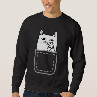 Middle Finger Cat Pocket Funny Cartoon Cat White P Sweatshirt