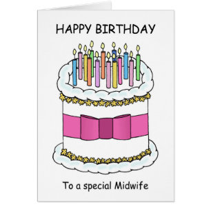 Midfrau Happy Birthday Cartoon Cake und Candles