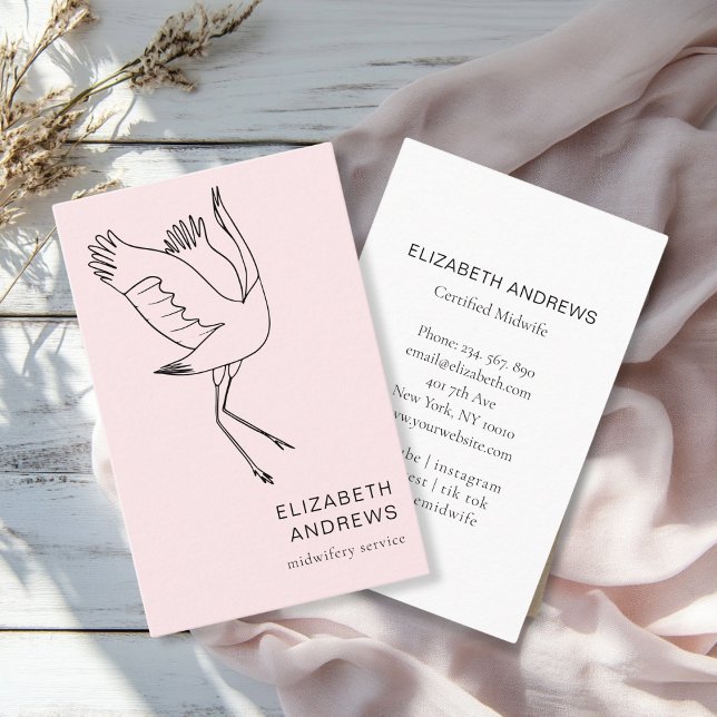Midfrau, Storch, leicht rosa Visitenkarte (Modern, light pink business card. Line Art Illustration, Storch. For childcare, midwives and more.)