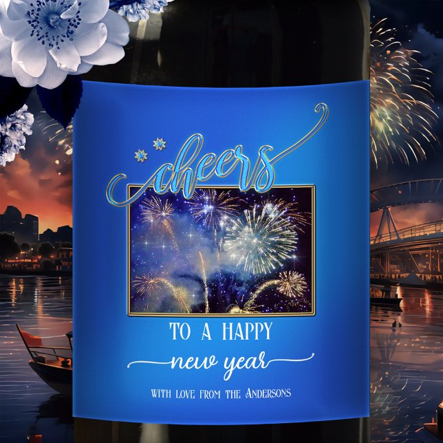 Midi Bleu Cheval Nouvel An Photo Vin Étiquette (A festive Cheers to the New Year wine label in midnight blue, with the option to add your own photo)