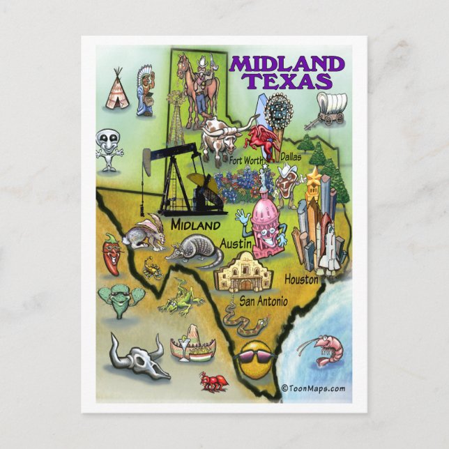 Midland Texas Cartoon Map Postkarte (Vorderseite)