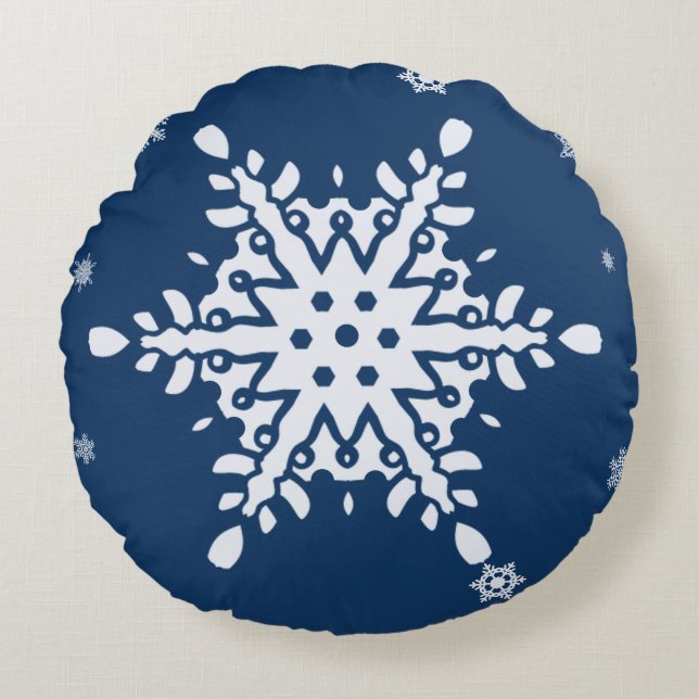 MIDNIGHT BLAU MIT SCHNEESCHNEE-URLAUB RUNDES KISSEN (Vorderseite)