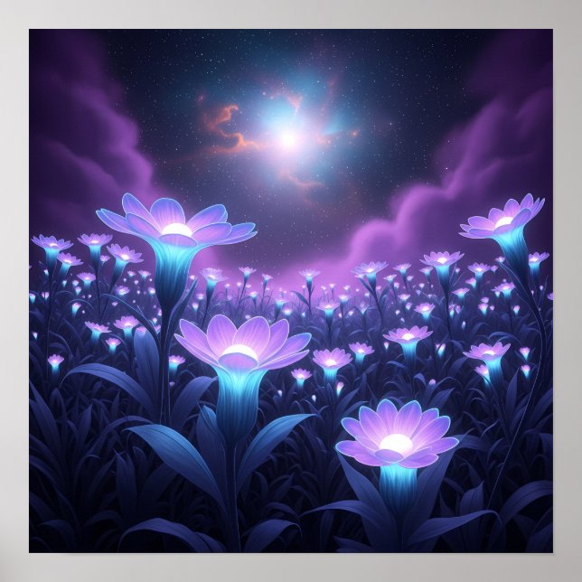 Midnight Bloom Field under Glowing Cosmic Sky Poster (Vorne)