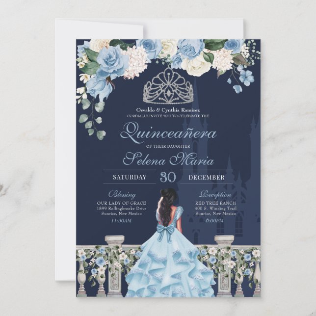 Midnight Blue Ainderella Princess Quinceañera Einladung (Vorderseite)