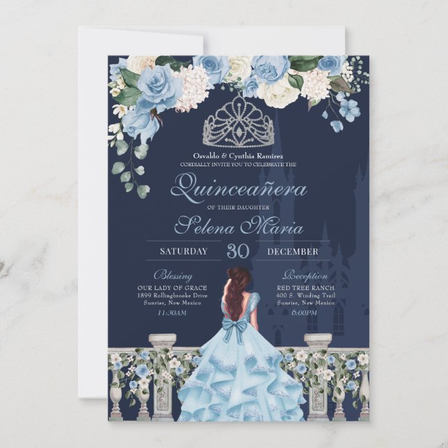 Midnight Blue Ainderella Princess Quinceañera Einladung (Vorderseite)