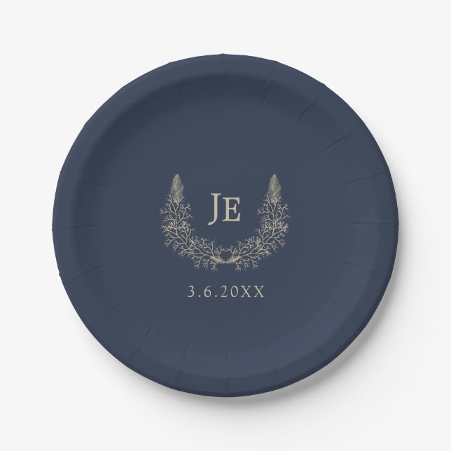 Midnight Blue and Gold Initials Wedding Pappteller (Vorderseite)