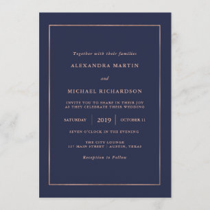 Midnight Blue and Imitats Rose Gold Border Wedding Einladung