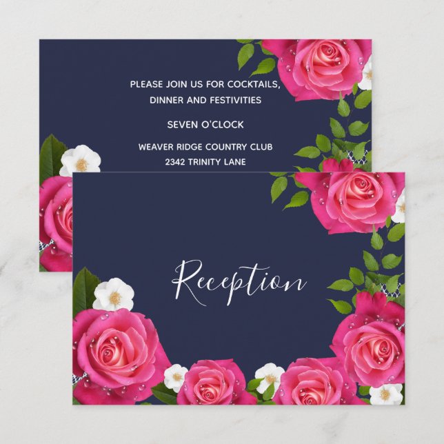 Midnight Blue and Pink Rose Wedding - Empfang Einladung (Vorne/Hinten)