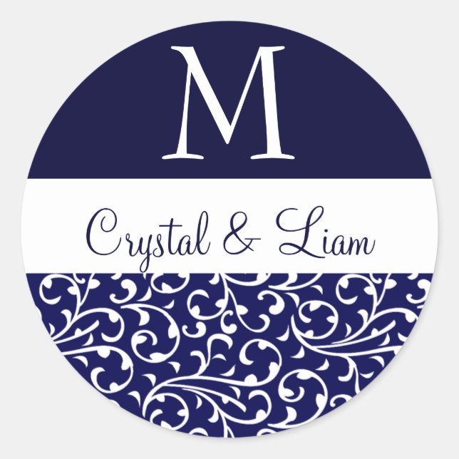 MIDNIGHT BLUE and WHITE Damask Wedgramm Runder Aufkleber (Vorderseite)