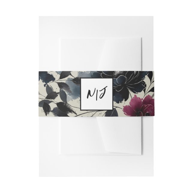 Midnight Blue Burgundy Inky Floral Almond Wedding Einladungsbanderole (Vorderseite Beispiel)