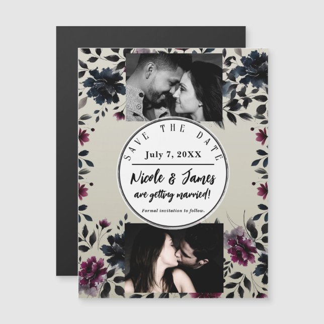 Midnight Blue Burgundy Inky Floral Almond Wedding Magnetkarte (Vorne/Hinten)
