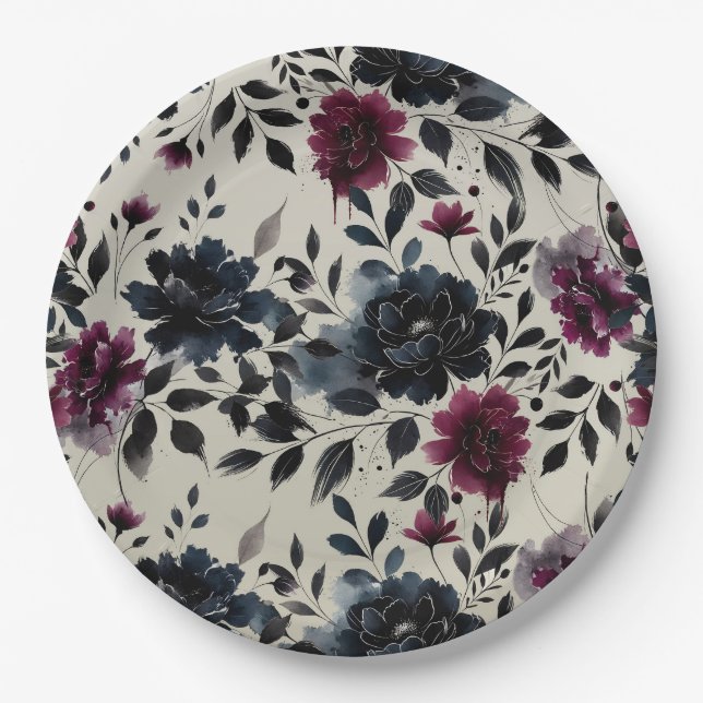 Midnight Blue Burgundy Inky Floral Almond Wedding Pappteller (Vorderseite)