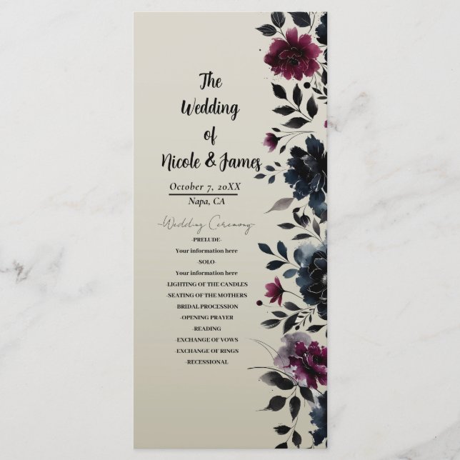 Midnight Blue Burgundy Inky Floral Almond Wedding Programm (Vorderseite)