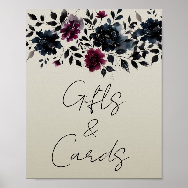Midnight Blue Burgundy Inky Floral Guestbook Sign Poster (Vorne)