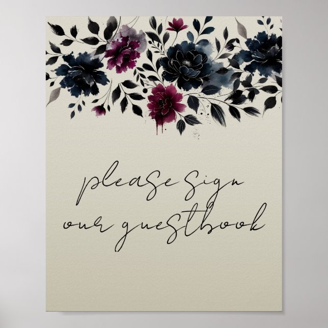 Midnight Blue Burgundy Inky Floral Guestbook Sign Poster (Vorne)