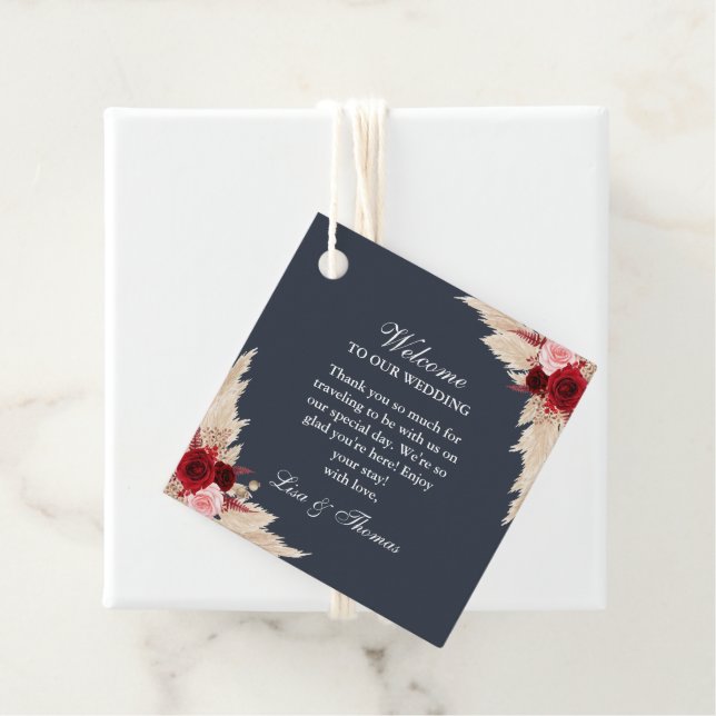 Midnight Blue Burgundy Rose Wedding Willkommen Geschenkanhänger (Beispiel)