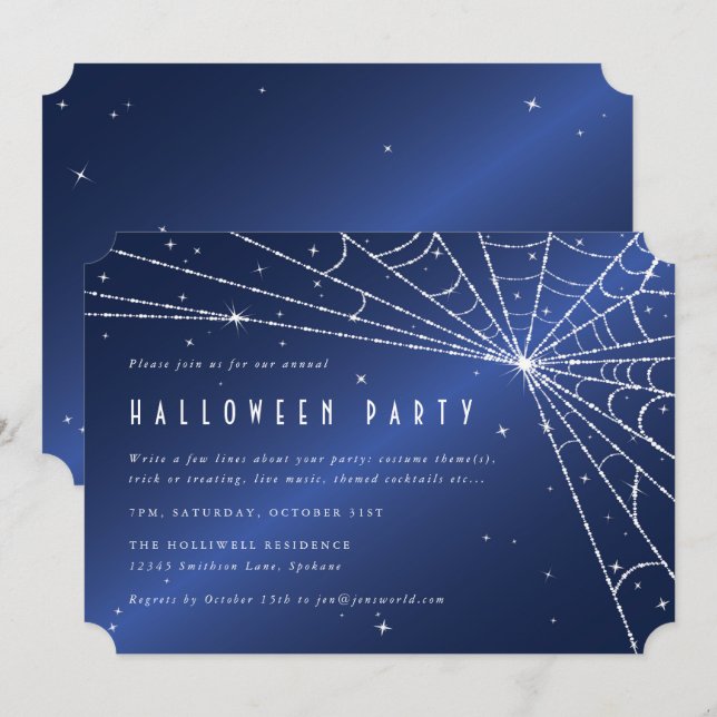 Midnight Blue Diamond Spider Web Halloween-Party Einladung (Vorne/Hinten)