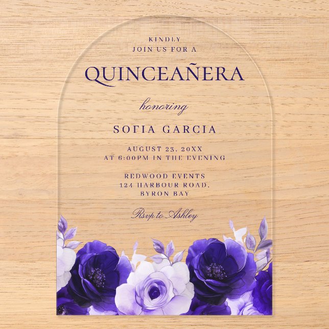 Midnight Blue Eleganto Navy Rose Quinceanera Party Acryleinladungen (Vorderseite)