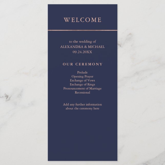 Midnight Blue et Faux Rose Gold Border Programme (Devant)