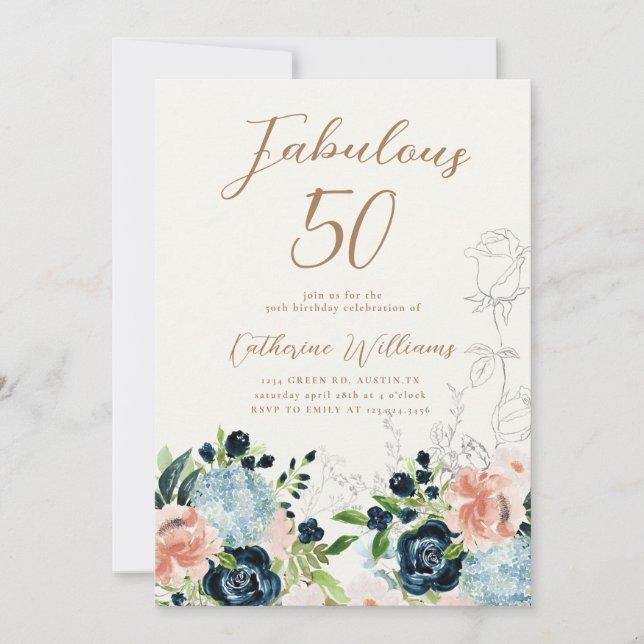 Midnight Blue Floral 50e anniversaire Invitation (Devant)