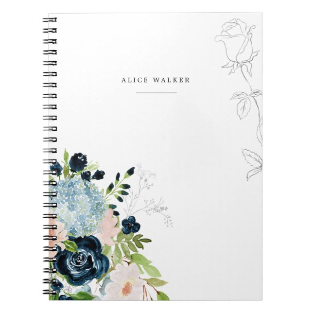 Midnight Blue Floral Blush Stationery Note Card Notizblock (Vorderseite)