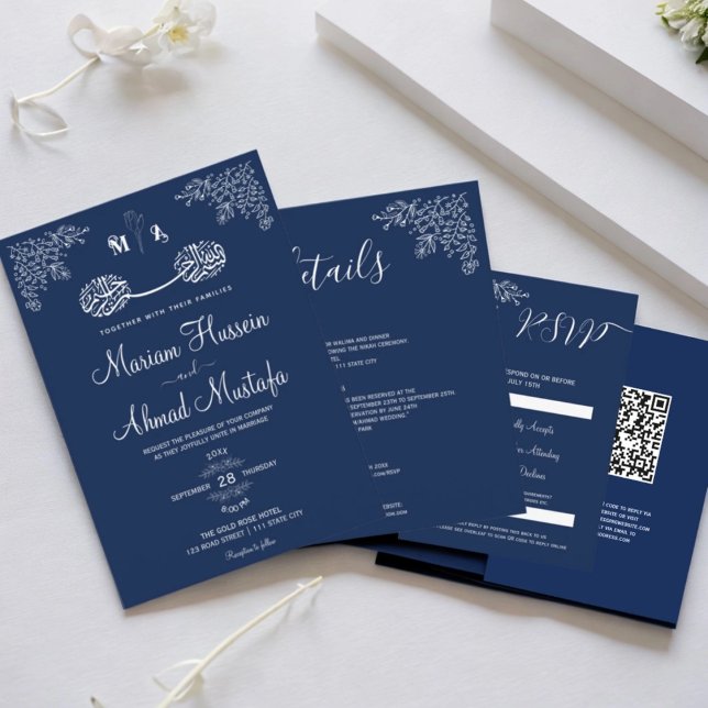 Midnight Blue Floral Islamische Nikah Wedding Einladung (Midnight Blue Floral Islamic Muslim Nikah Wedding Invitation)